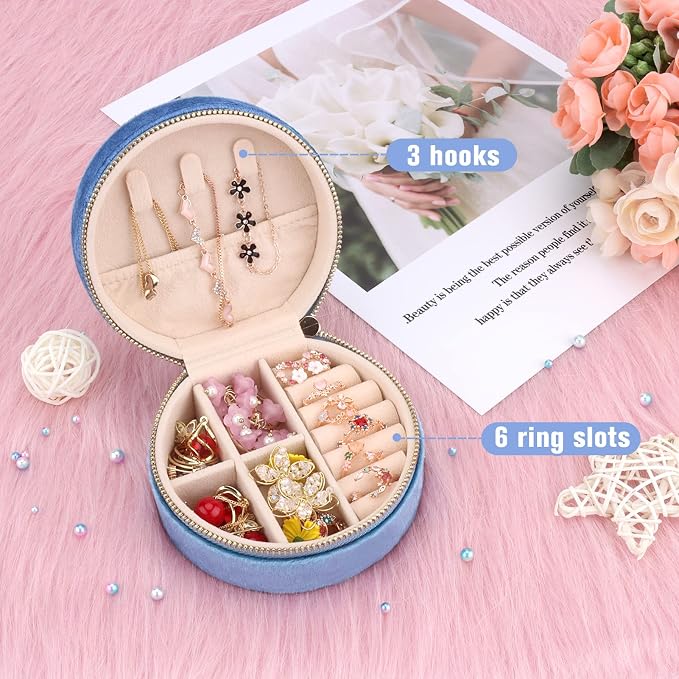 DesignSter Travel Jewelry Box - Velvet Mini Jewelry Organizer, Small Jewelry Case for Girls Women, Jewelry Storage Box for Rings Earrings Necklace (Circular, Blue Fog) - Image 4