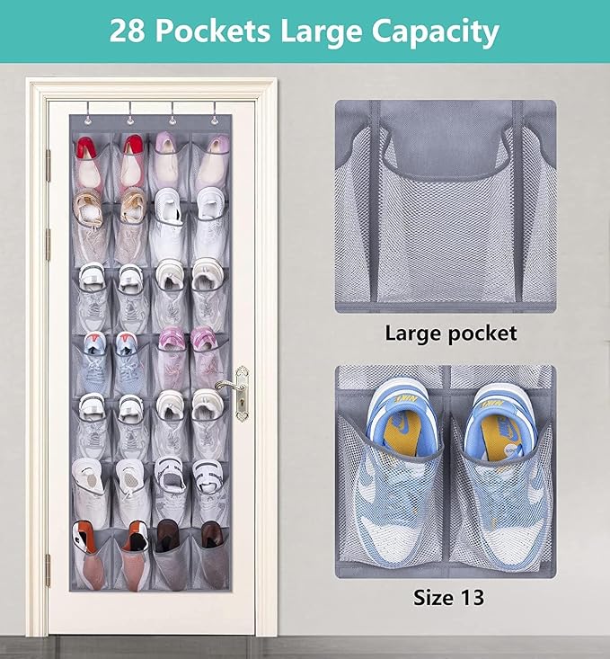 MISSLO 28 Large Pockets Hanging Shoe Rack Door Shoe Organizer Hanging Shoe Storage Hanger for Closet Mesh Holder, Grey - Image 2