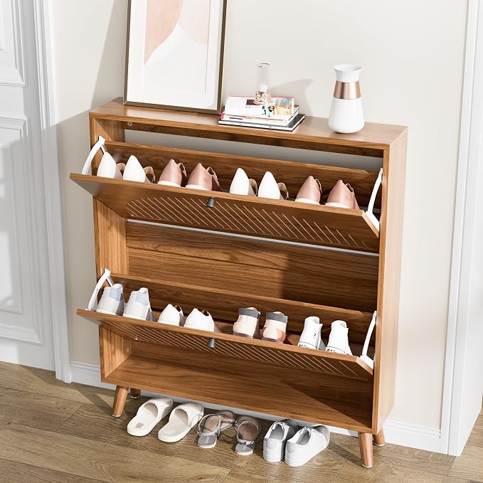 Fsbecl Shoe Storage Cabinet for Entryway with 2 Flip Drawers, Narrow Wood Shoe Cabinet with Fluted Panel, Freestanding Hidden Shoe Organizer for Foyer, Hallway (Walnut - No Shelf) - Image 3