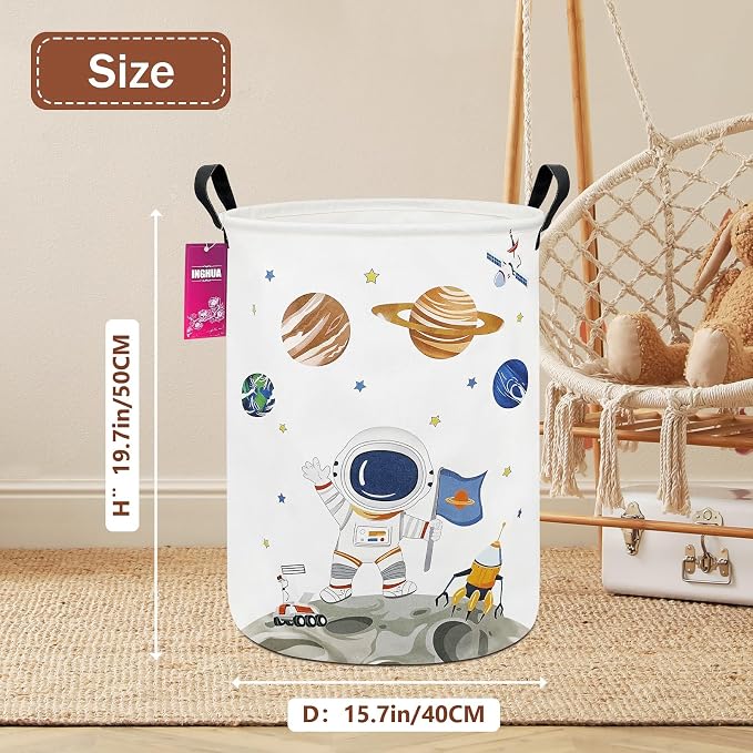 Laundry Hamper Large Canvas Fabric Lightweight Storage Basket/Toy Organizer/Dirty Clothes Collapsible Waterproof for College Dorms, Boys and Girls Bedroom,Bathroom(Space astronaut) - Image 2