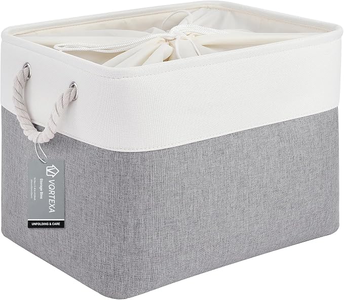 Large Storage Baskets- 16x12x12 inch Storage Bins for Shelves and Closet Organizing, Foldable Fabric Bin for Home Organization Clothes and Laundry (1-Pack, White&Gray) by VQRTEXAStorageBasket
