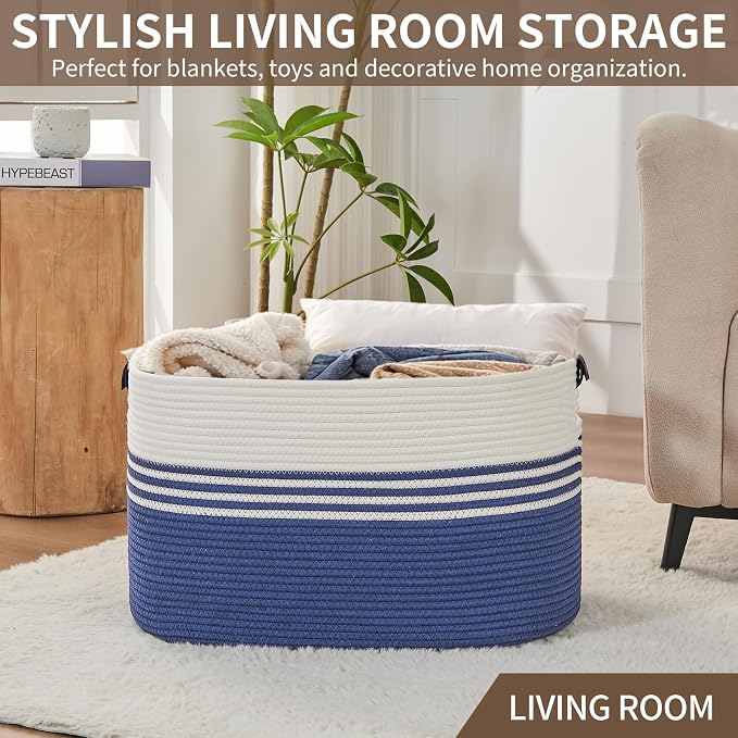 AINUOQI Laundry Basket with Handles - Blanket Basket & Hampers for Bedroom Aesthetic, Laundry Hamper & Blanket Storage for Living Room, Clothes Hamper, Tall, Large 21.7" x 16.9" x 11.8”, Blue - Image 7