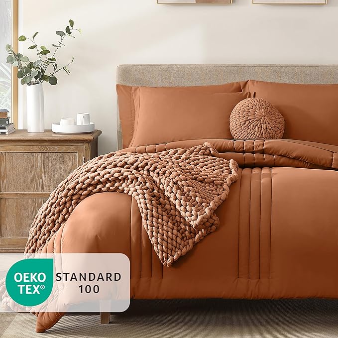 Monbix Super King Size Comforter Set - 7 Pieces Burnt Orange Bed in a Bag Super King Bedding Sets with Comforters, All Seasons Comforter Bed Set with Sheets,Pillowcases & Shams