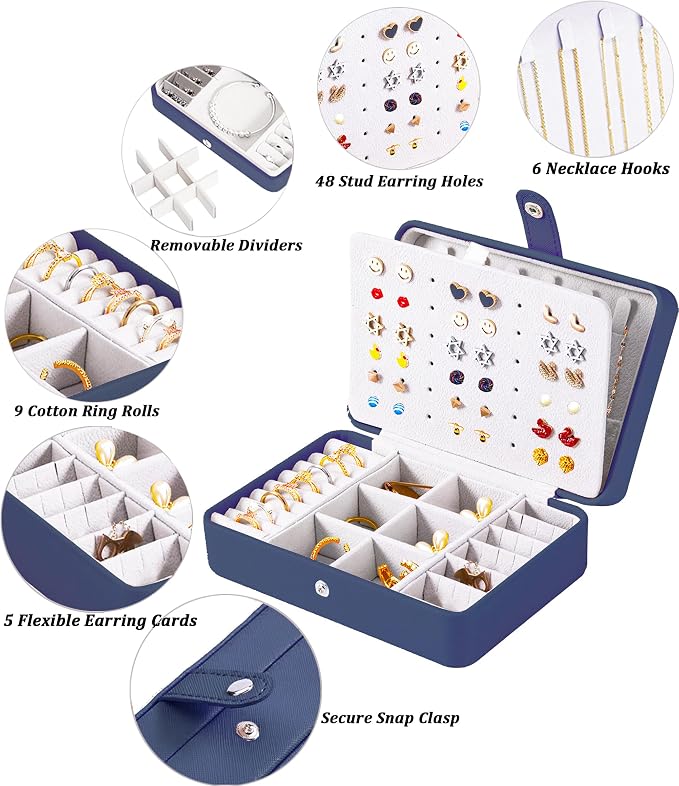 QBestry All-in-One Travel Jewelry Organizer for Women Navy | Small Jewelry Box with 68 Earring Holes | Compact Portable Jewelry Case for Earrings, Rings, Necklaces | Perfect Gifts for Mom Wife Girls - Image 2