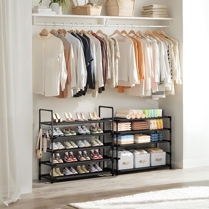 Shoe Rack, 10 Tier Shoe Storage Organizer with Hooks,Fit 40-45 Pairs Shoes,Nonwoven Fabric Tall Shoe Shelf for Closet,Entryway, Hallway,Garage,Bedroom,Cloakroom - Image 2