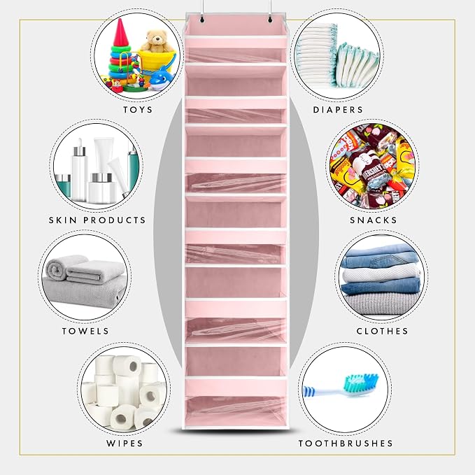 HOMELUX THEORY UPGRADED 6 Tiers Over The Door Organizer Hanging - 100D EXTRA THICK & 50lbs HUGE CAPACITY, 12 Side Mesh Pockets Over The Door Shoe Organizer, Hanging Closet Organizer (Baby Pink, 2pc) - Image 9