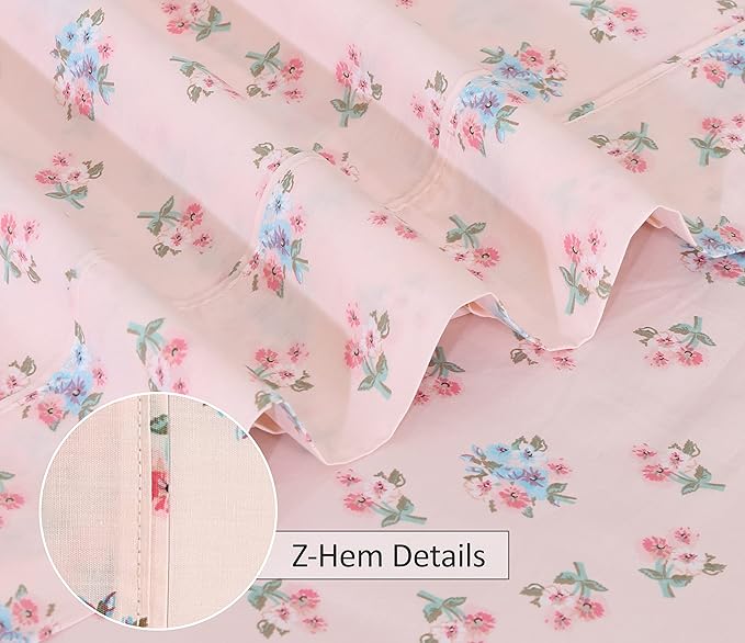 RUVANTI 100% Cotton Sheets – Queen Size Percale Bedding, Cooling & Breathable Floral Design, Durable with a Crisp, Soft & Comfortable Feel, 16" Deep Pocket, 4-Piece Set, Spring On