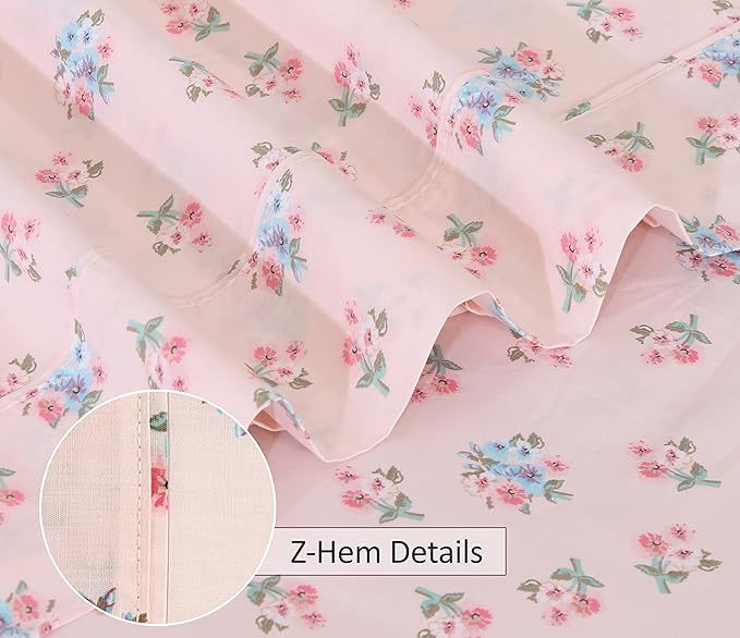 RUVANTI 100% Cotton Sheets – King Size Percale Bedding, Cooling & Breathable Floral Design, Durable with a Crisp, Soft & Comfortable Feel, 16" Deep Pocket, 4-Piece Set, Spring On