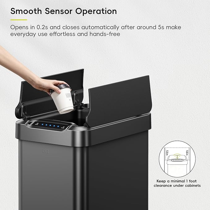 EKO Phantom-T 13.2 Gallon/ 50L Automatic Sensor Kitchen Trash Can, Slim Stainless Steel Touchless Garbage Bin with Soft-Close Dual Wing Lid for Home & Office, Matte Black - Image 9