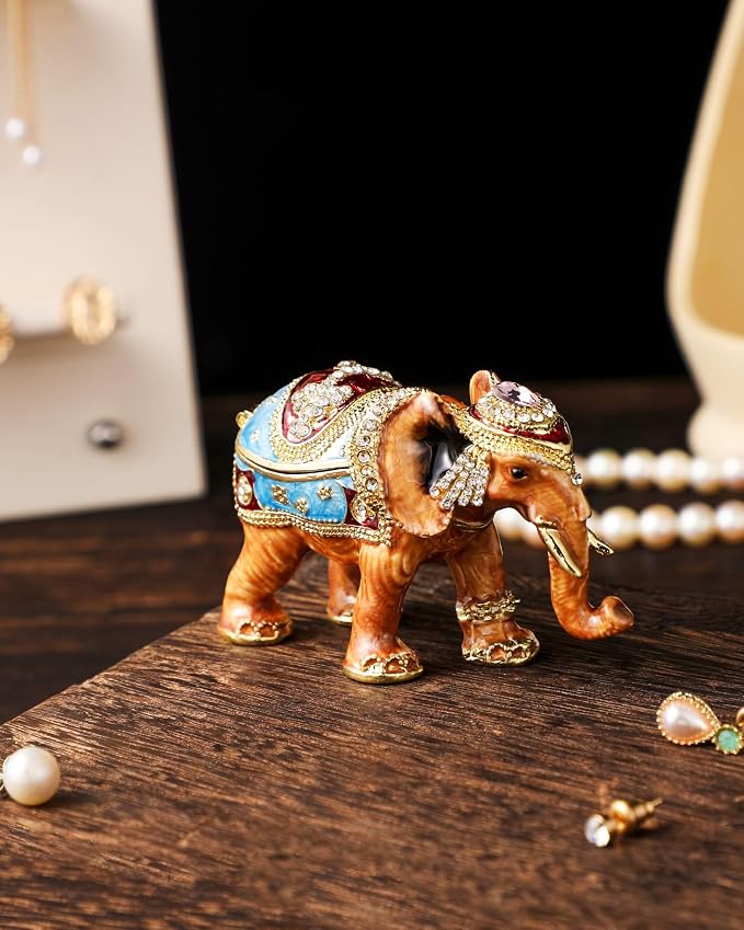 Hand Painted Trinket Box Enamel Vintage Jewelry Box Elephant Hinged Metal Jewelry Organizer Decorative Treasure Box Unique Gifts for Animal Lover - Image 2