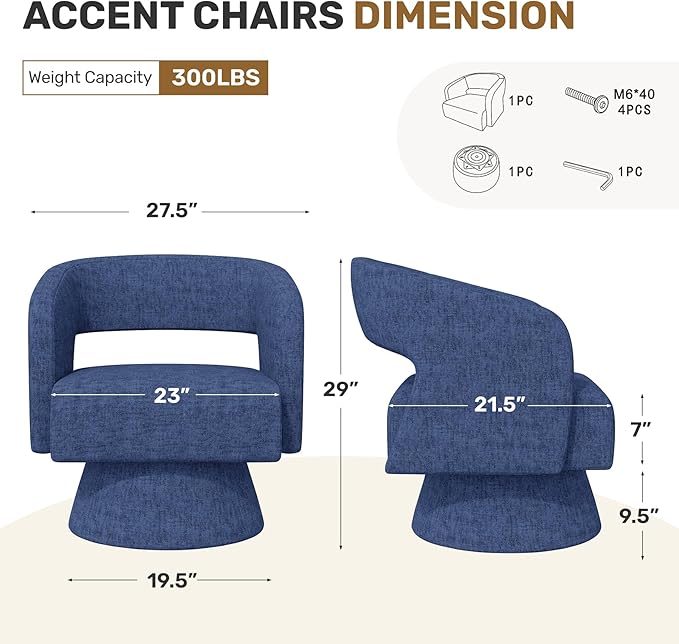 Nebuaegis Swivel Accent Chair Set of 2, Modern Comfy Chenille Barrel Chairs, Oversized Upholstered Round Arm Chair for Living Room, Bedroom, Reading Room, Blue