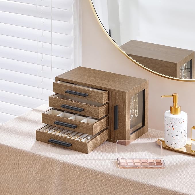 HOOBRO Jewelry Box for Women, Wooden Jewelry Organizer with Transparent Window, 4-Layer Jewelry Organizer Box, Jewelry Holder Organizer for Earrings, Necklaces, Rings, Light Walnut and Black BSD09JB04 - Image 2