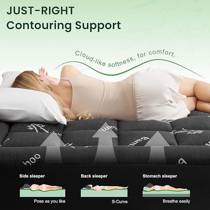 Love's cabin King Mattress Topper Viscose Derived from Bamboo, Thick Pillow Top Mattress Pad with Stretchable Pockets for 8"-20" Mattress, Breathable Cooling Mattress Topper for Hot Sleepers, Black