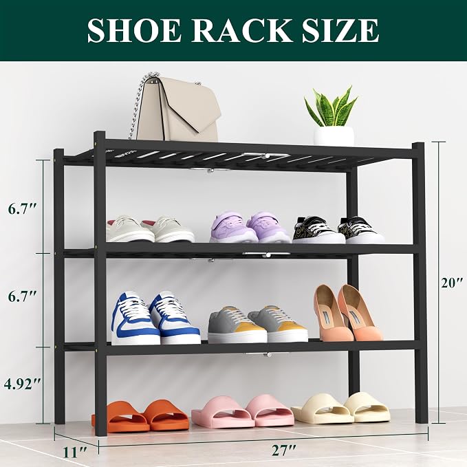 Smiry Shoe Rack, 3 Tier Thick Bamboo Shoe Organizer, Stackable Free Standing Wooden Shoe Storage Shelf for Closet, Entryway, Front Door Entrance, Black - Image 2