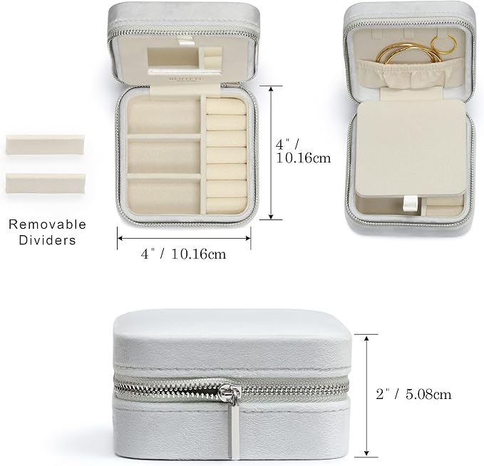 BLUTETE Travel Jewelry Box Organizer Velvet Travel Case With Mirror Rings Earrings Necklaces Storage Organizer Box (Milky Grey) - Image 2
