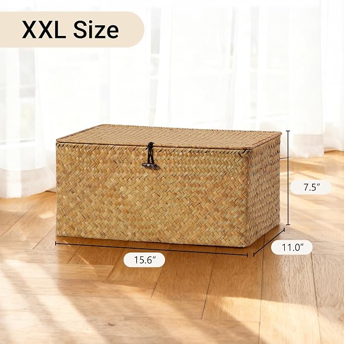 Nonam Seagrass Storage Large Basket with Lid,Wicker Basket Storage Bin with Lid for Shelves,Boho Decor,Handwoven Shelf Basket for Organizing-Storage Container Box for Home Organization-Natural - Image 3