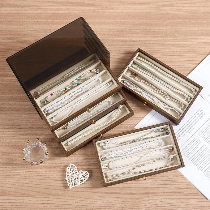 CLUQMEIK 5 Layer Necklace Jewelry Box, Vintage Wooden Jewelry Box with Acrylic Cover Stackable Necklace Storage Organizer for Women and Girls to Storing Necklaces - Image 2