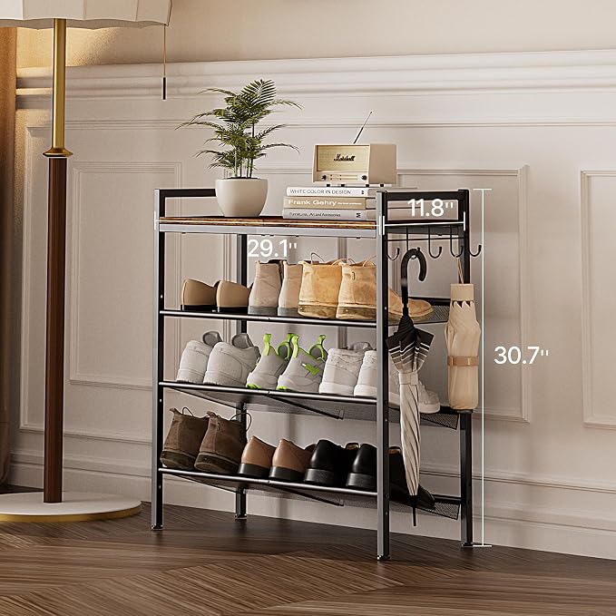 4 Tier Shoe Rack, Shoe Rack for Entryway with Hook, Shoe Organizer with Adjustable Mesh Shelves, Metal Shoe Storage, Closet, Bedroom Living Room Garage - Image 2