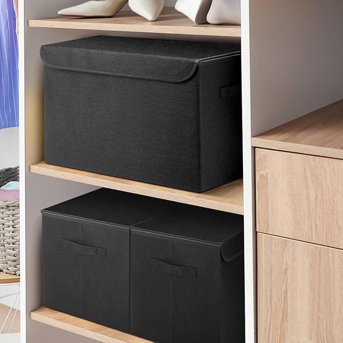 Bagnizer Large 17" 42 Quarts Collapsible Stackable Storage Bins with Lids [3-Pack] Foldable Fabric Linen Storage Boxes Cube, Closet Organizer Baskets with Label (16.7 x 12 x 12, Black) - Image 7