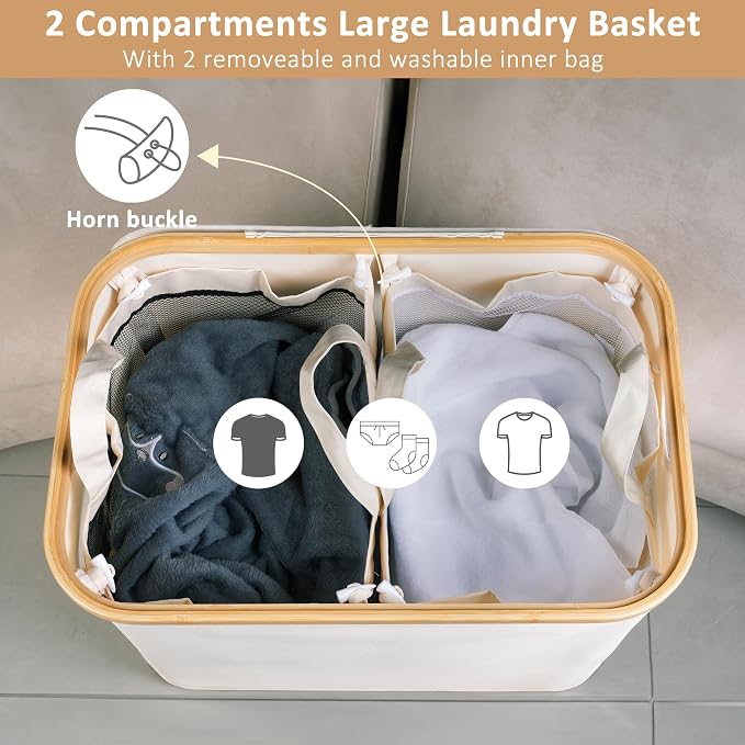 iEGrow 150L Laundry Basket with Lid, Large Laundry Hamper with Bamboo Handle, Collapsible Dirty Clothes Hamper Organizer with 2 Removable Inner Bags for Clothes Toys Towels - Beige - Image 3