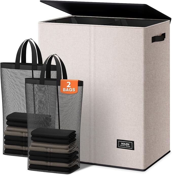SOLEDI Large Double Laundry Hamper with Lid, Collapsible Clothes Hamper 2 section with Removable Bags, Space-Saving Laundry Basket for Bedroom, Dorm, College by SOLEDI