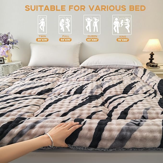 Mattress Topper Queen Size 60 x 80 inches, Warm Thicken Velvet Queen Mattress Pad Breathable and Comfortable with 4 Elastic Band, Deep Pocket Stretchable up to 15 inches Washable, Brown Leopard