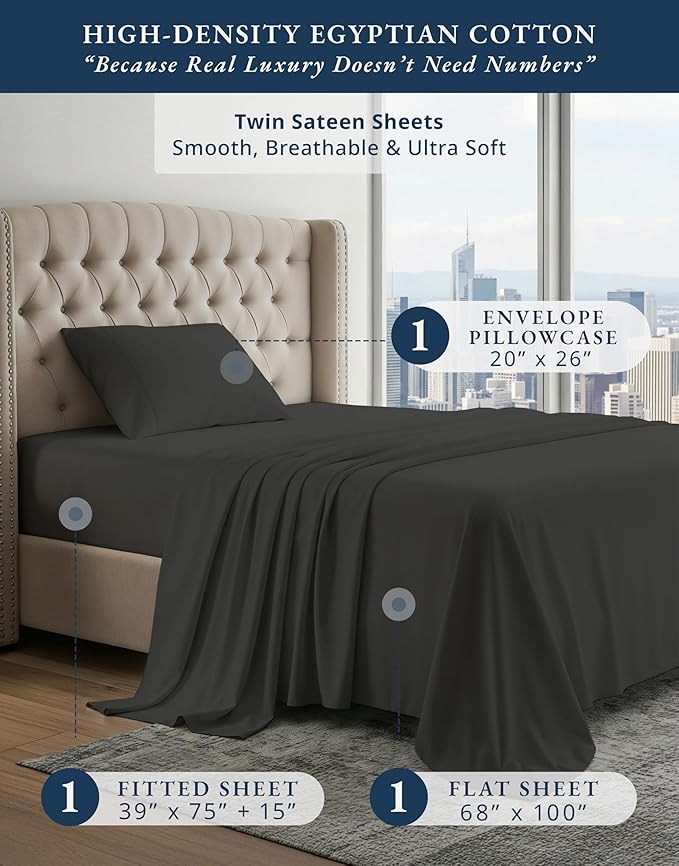 LANE LINEN 100% Egyptian Cotton Twin Sheet Set, Fully Elasticized Reinforced Seams Extra Deep Pocket Twin Sheets, No Pill Fade Resistant Cooling Bedding Sheets & Pillowcase Set - Black