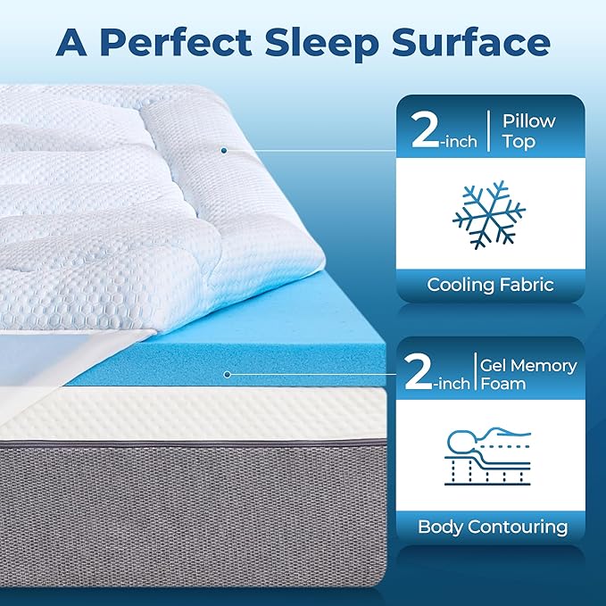 BDEUS 4 Inch Dual Layer Memory Foam Mattress Topper Queen Size, 2 Inch Gel Memory Foam, 2 Inch Cooling Pillow Top Mattress Pad Cover for Back Pain & Hot Sleeper