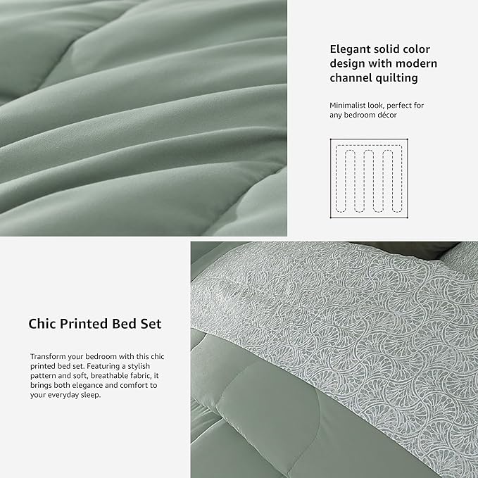 Monbix Queen Comforter Set - 7 Pieces Sage Green Bed in a Bag Queen Track Stitching Bedding Sets, All Seasons Comforter Bed Set with Sheets, Pillowcases & Shams