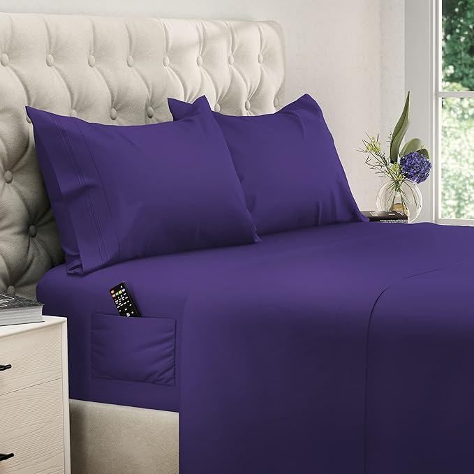 DREAMCARE Twin XL Sheet Sets - 4 pcs Breathable Cooling Bed Sheets - up to 15" Deep Pocket Twin XL Sheets Set with Side Pockets - Extra Soft 100% Brushed Hypoallergenic Hotel Luxury Bedding - Purple