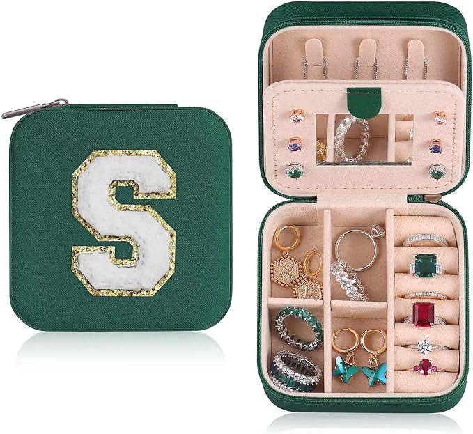 ETHOON Jewelry Travel Case Small Organizer Stocking Box Personalized Gifts Teenage Jewelry Accessories Holiday Christmas Gift for Women Green, Letter S by ETHOON