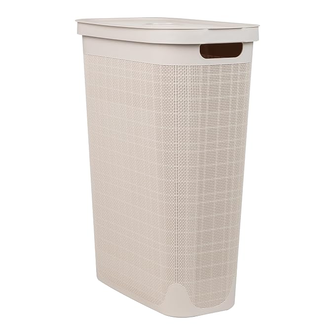 Mind Reader Slim Laundry Hamper with Lid, 40L Clothes Basket, Linen Design, Plastic, Ivory - Image 7