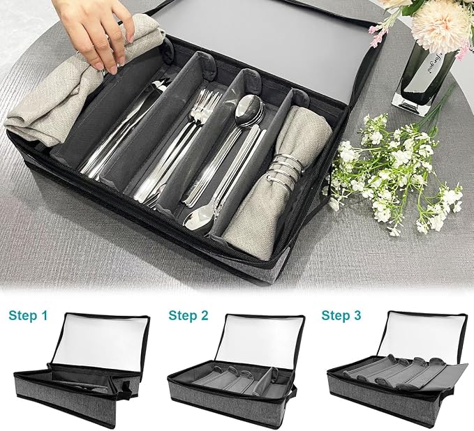 Silverware Organizer Chest,Silverware Storage Box,Stackable Flatware Storage Case,Spoon Organizer,Tableware Storage Box With 4 Dividers for Moving Transport,Kitchen Utensil cutlery Organizer - Image 6
