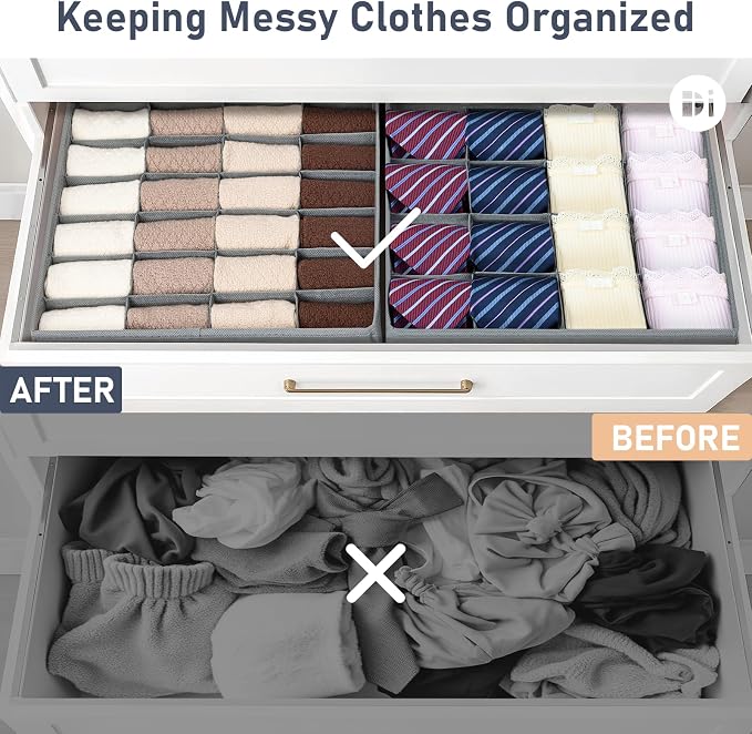 Joyoldelf Sock Drawer Organizer Divider 4 Packs Underwear Organizer, 2 x 24 Cell + 2 x 16 Cell Closet Organizers and Storage Sock Holders for Storing Socks, Handkerchiefs, Ties, Belts (Grey) - Image 5