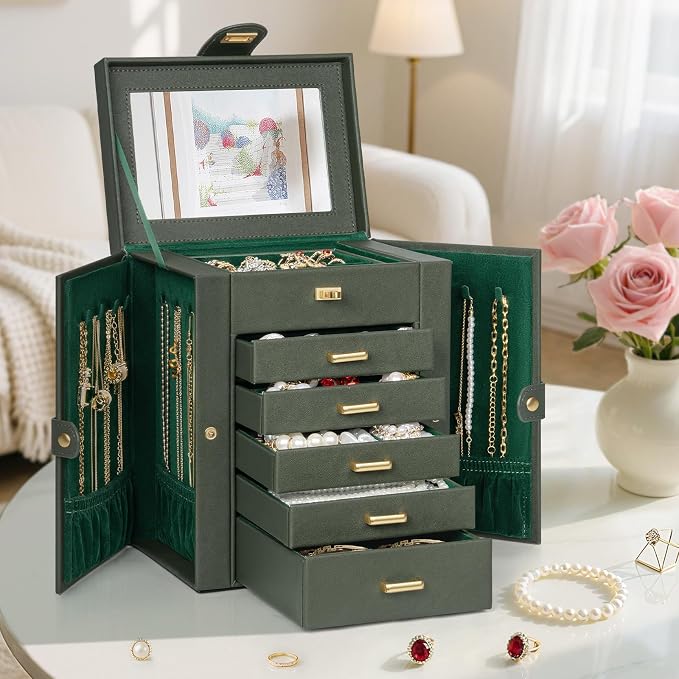 AKOZLIN Jewelry Box Organizer Functional Leather Jewelry Storage Case for Women Girls Ring Necklace Earring Bracelet Holder Organizer with Mirror - Image 7