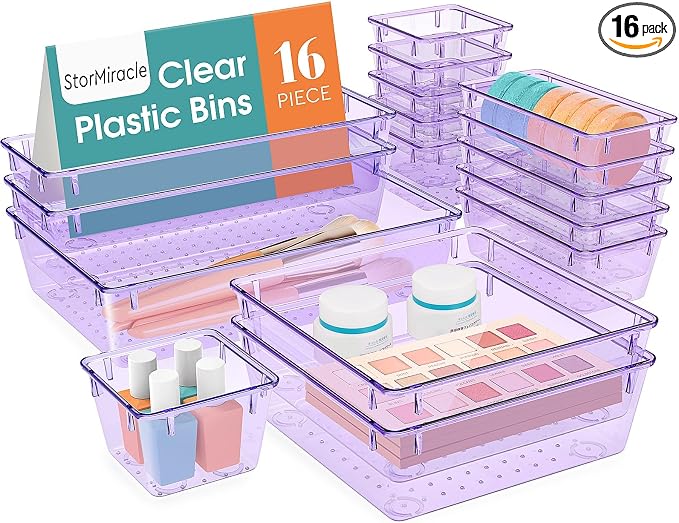 StorMiracle 16 PCS Drawer Organizer Set, 5 Varied Size Bathroom and kitchen Drawer cabinet organizer Trays, Clear Storage Bins for Makeup, Jewelry, Utensils and Gadgets, Purple by StorMiracle