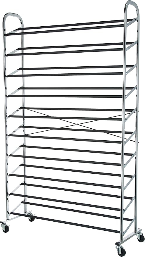 Amazon Basics 50-Pair Shoe Rack Organizer, Portable Rolling with Locking Wheels, Free Standing, 35.8 x 14.6 x 59.5 inches, Chrome by AmazonBasics