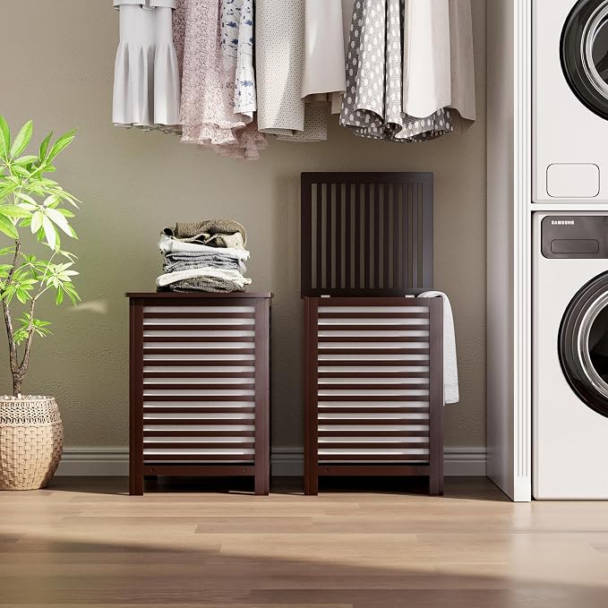 SMIBUY Double Laundry Hamper with Lid, 120L Bamboo Laundry Basket with Removable Liner Bag, 2-Section Clothes Divider Laundry Sorter for Laundry Room, Bathroom, Bedroom (Dark Brown) - Image 3