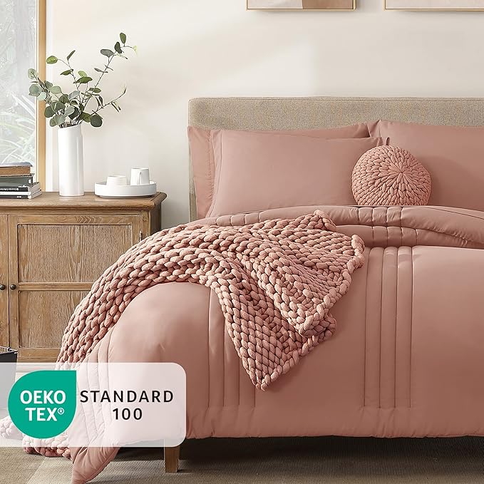 Monbix Full Comforter Set - 7 Pieces Clay Pink Bed in a Bag Full Size Bedding Sets with Comforters, All Seasons Comforter with Sheets, Pillowcases & Shams