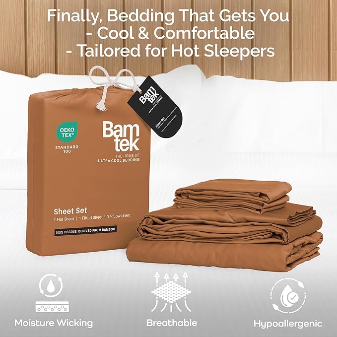 Viscose Bamboo Sheets King Size 4PC Set - Cooling Sheets for Hot Sleepers with Moisture Wicking Technology - Silky Soft 18 Inch Deep Pocket - Almond 76"x 80"