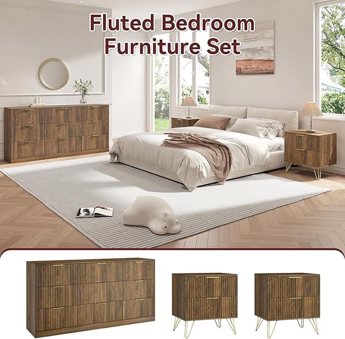 9 Drawer Dresser and Nightstand Sets for Bedroom, 3 Pcs Bedroom Set，Night Stand Set of 2 & 9 Drawer Dresser with Gold Handles, Modern Wood Chest of Drawers Storage Cabinet Set, Natural