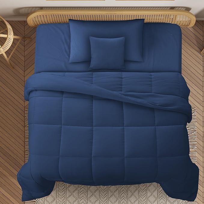 LUX Décor 4pc Twin Comforter Set, All-in-One Bed in a Bag, Includes 1 Comforter, 1 Pillow Shams, 1 Decorative Pillow & 1 Bed Skirt (Navy Blue, Twin)