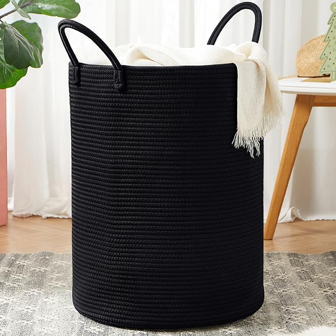 80L Extra Large Black Laundry Hamper Tall Woven Rope Laundry Basket for Clothes Modern Blanket Storage Basket in Living Room Bedroom 16"L x 16"W x 22"H by MOJOSCEND