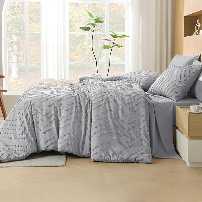 Litanika Light Grey Queen Size Comforter Set with Sheets - 7 Pieces Bed in a Bag Queen Boho Tufted Complete Bedding Sets with Comforter, Sheets, Pillowcases & Shams