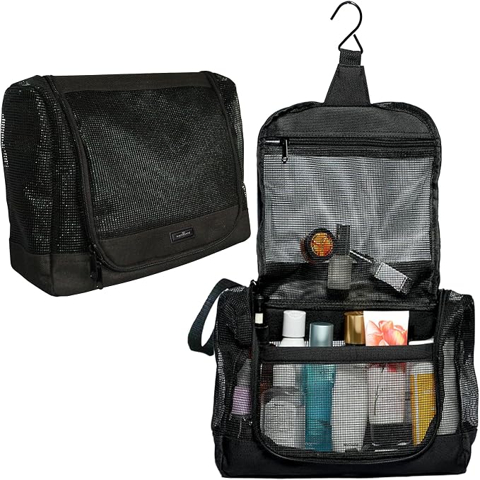 The Fine Living Portable Latex Mesh Shower Caddy Tote Bag, Gym Shower Caddy Hanging Organizer with Metal Hook, Dorm Room Essentials, Travel Toiletries, Camping RV Essentials, Black 12”x3”x8” by TheFineLivingCompany