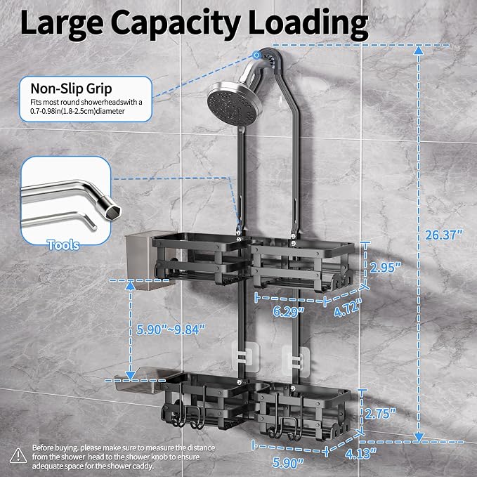 GAOKASE Aluminum Shower Caddy Hanging, Never Rust Shower Organizer- 4 Levels with adjustable Height 10 Hooks for Razor/Sponge - Rack with Soap Basket (Black-1) - Image 6