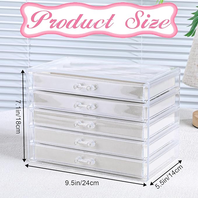 5 Layer Acrylic Necklace Storage Drawer, Dustproof Jewelry Box Organizer with 5 Drawers Dustproof Necklaces Box Clear Acrylic Jewelry Boxes for Women Girls Ring Necklace Earring Bracelet Organizers - Image 2