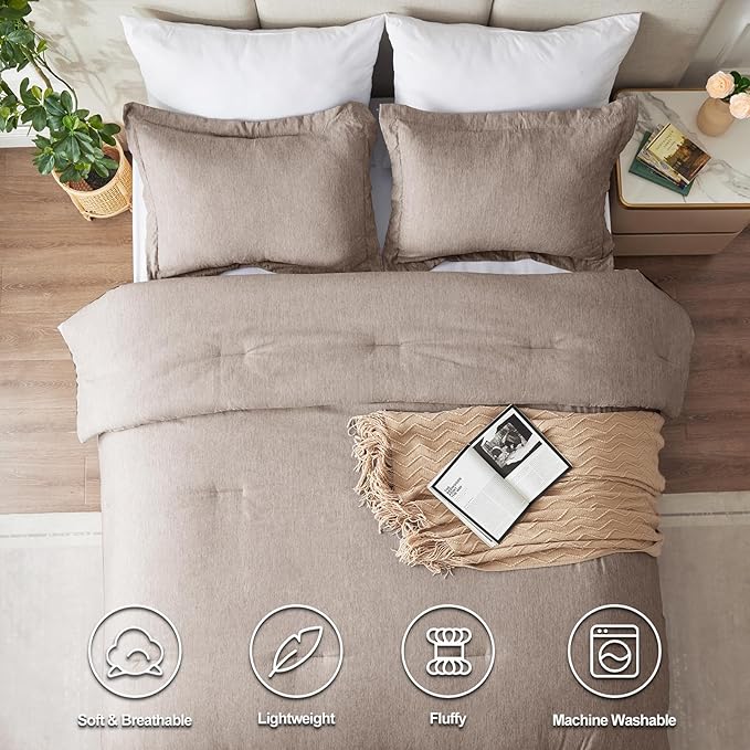 CozyLux Queen Comforter Set - 3 Pieces Khaki Soft Luxury Cationic Dyeing Queen Size Comforter for All Season, Breathable Lightweight Fluffy Bedding Sets with 1 Comforter and 2 Pillow Shams
