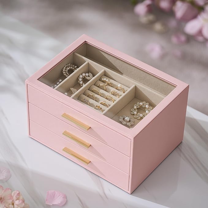 pickpiff Jewelry Box Organizer Case for Women: 3-Layer Jewelry Storage Case with Glass Window, Pink Leather with Velvet Holder for Ring Necklace Bracelet Brooch Watch, Great Gift for Her - Image 4