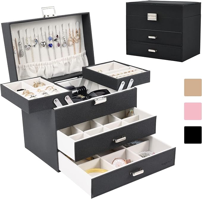 Dajasan Jewelry Organizer Box, Large Jewelry Boxes for Women Girls, Space-Saving 4 Layers Jewelry Storage Case with Drawer, Movable Metal Stand, Modern, Gift Idea (Black + Silver) by DAJASAN